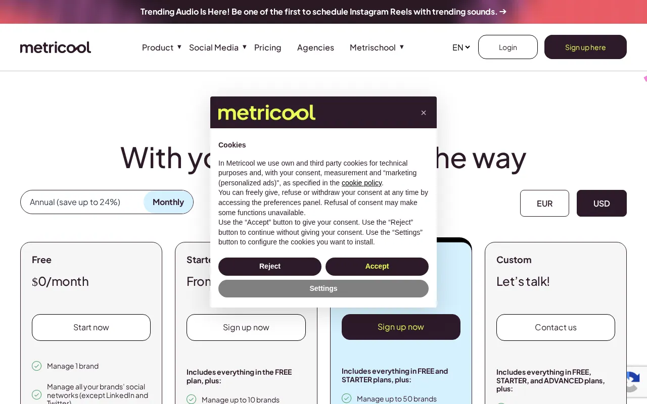 Metricool — pricing page
