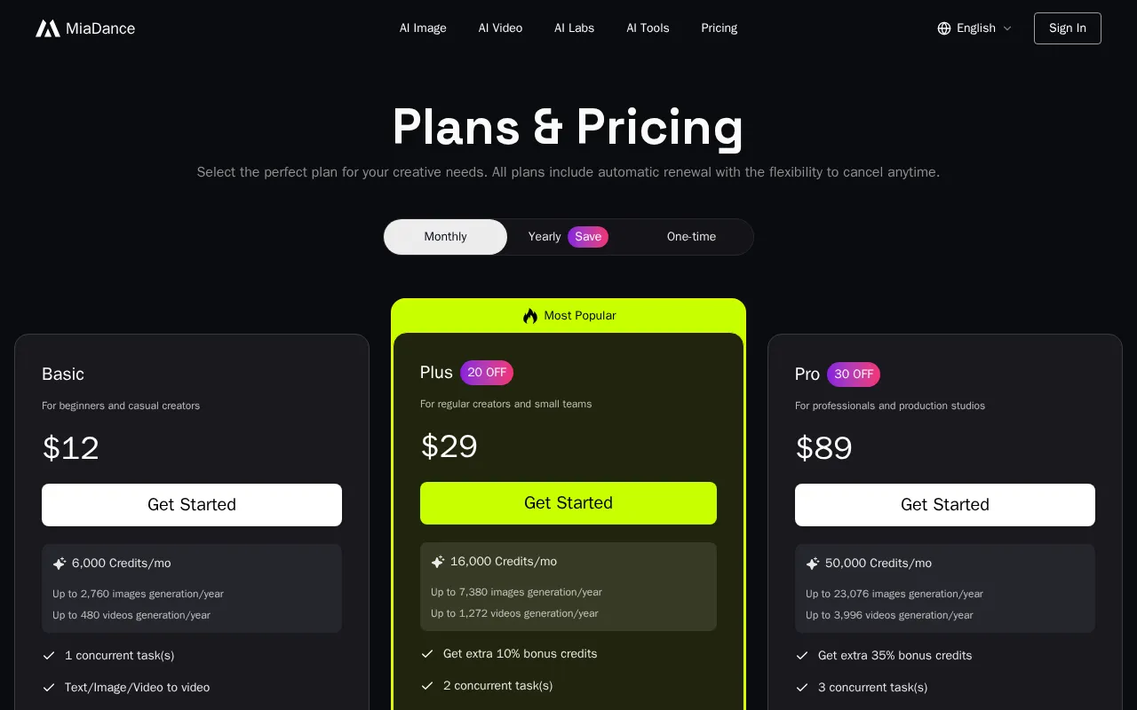 MiaDance — pricing page