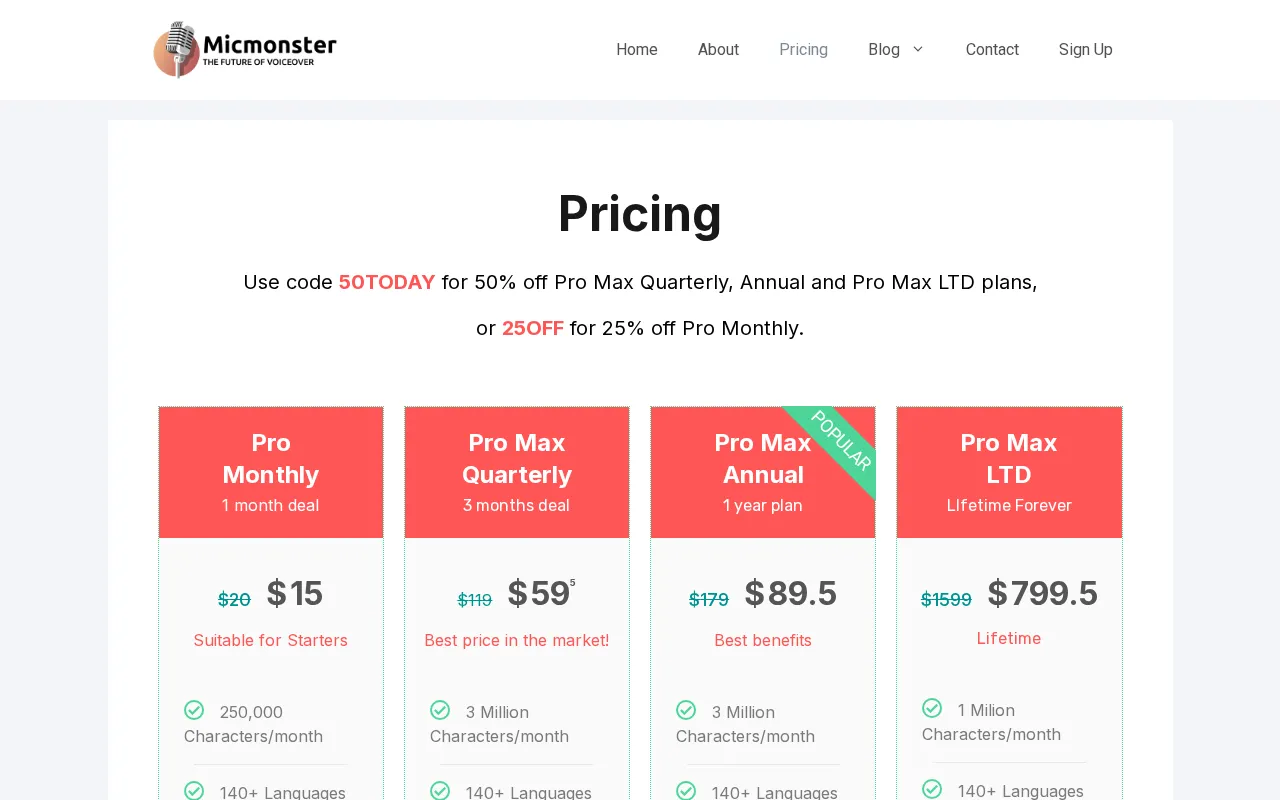 Micmonster — pricing page