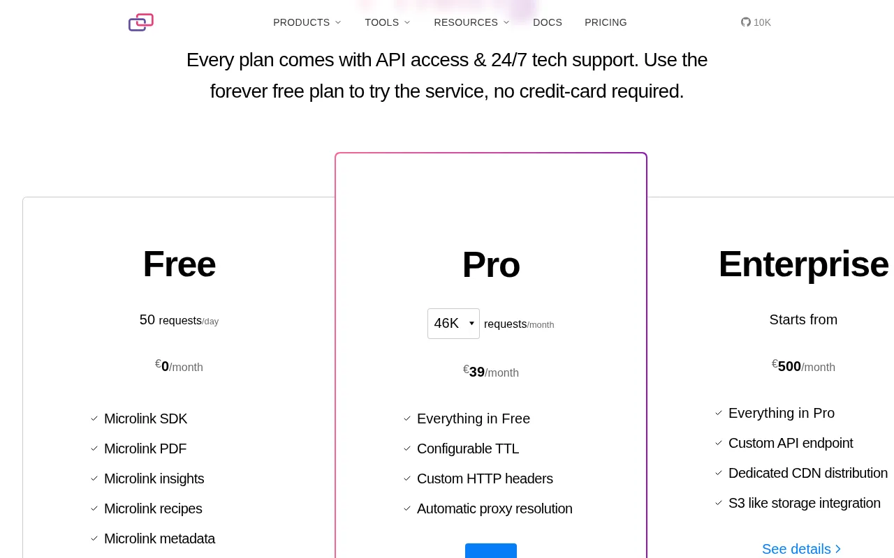 microlink.io — pricing page
