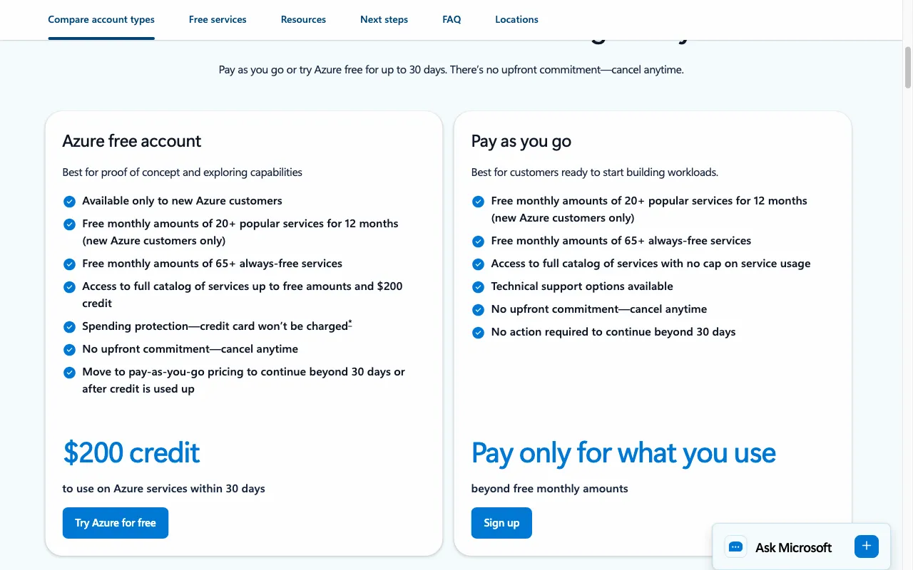Microsoft Azure — pricing page