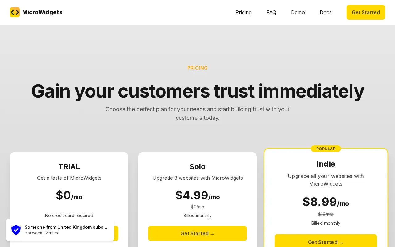 MicroWidgets — pricing page