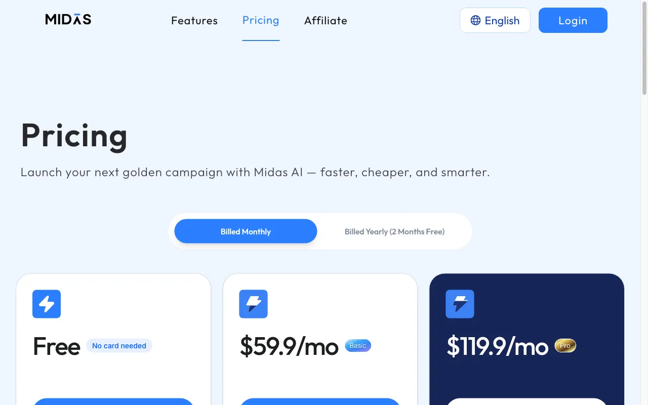 Midas AI — pricing page