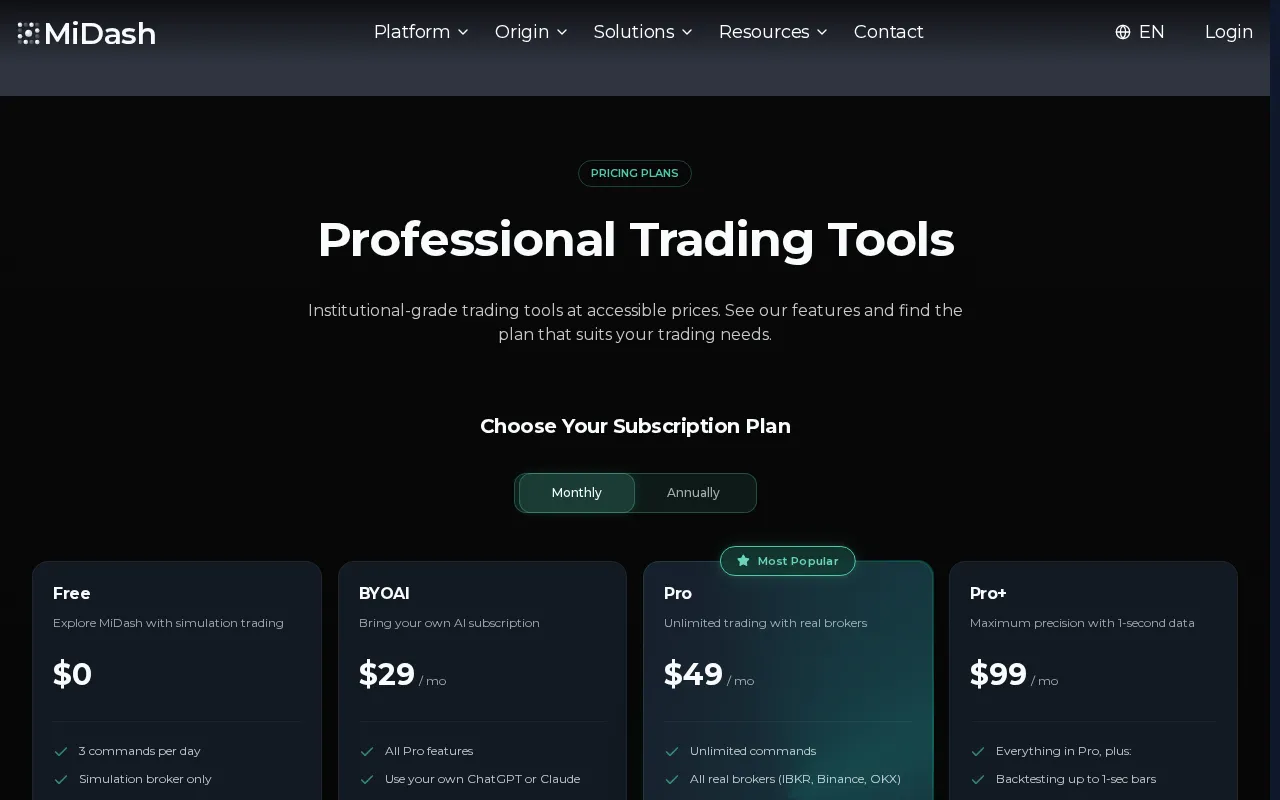MiDash AI — pricing page