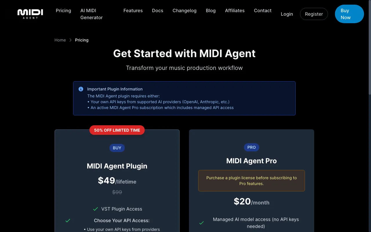 MIDI Agent — pricing page