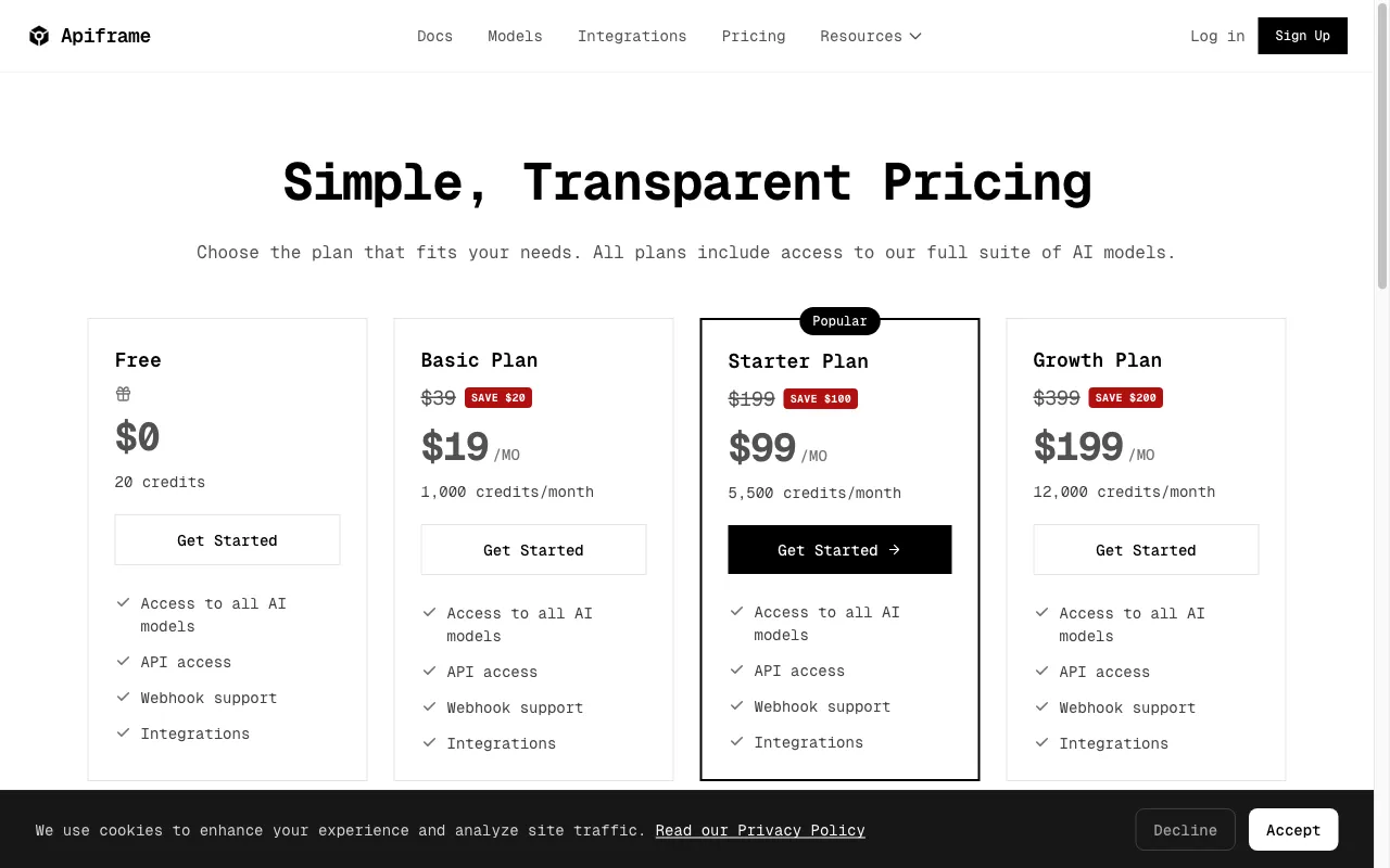 Midjourney API by APIFRAME — pricing page