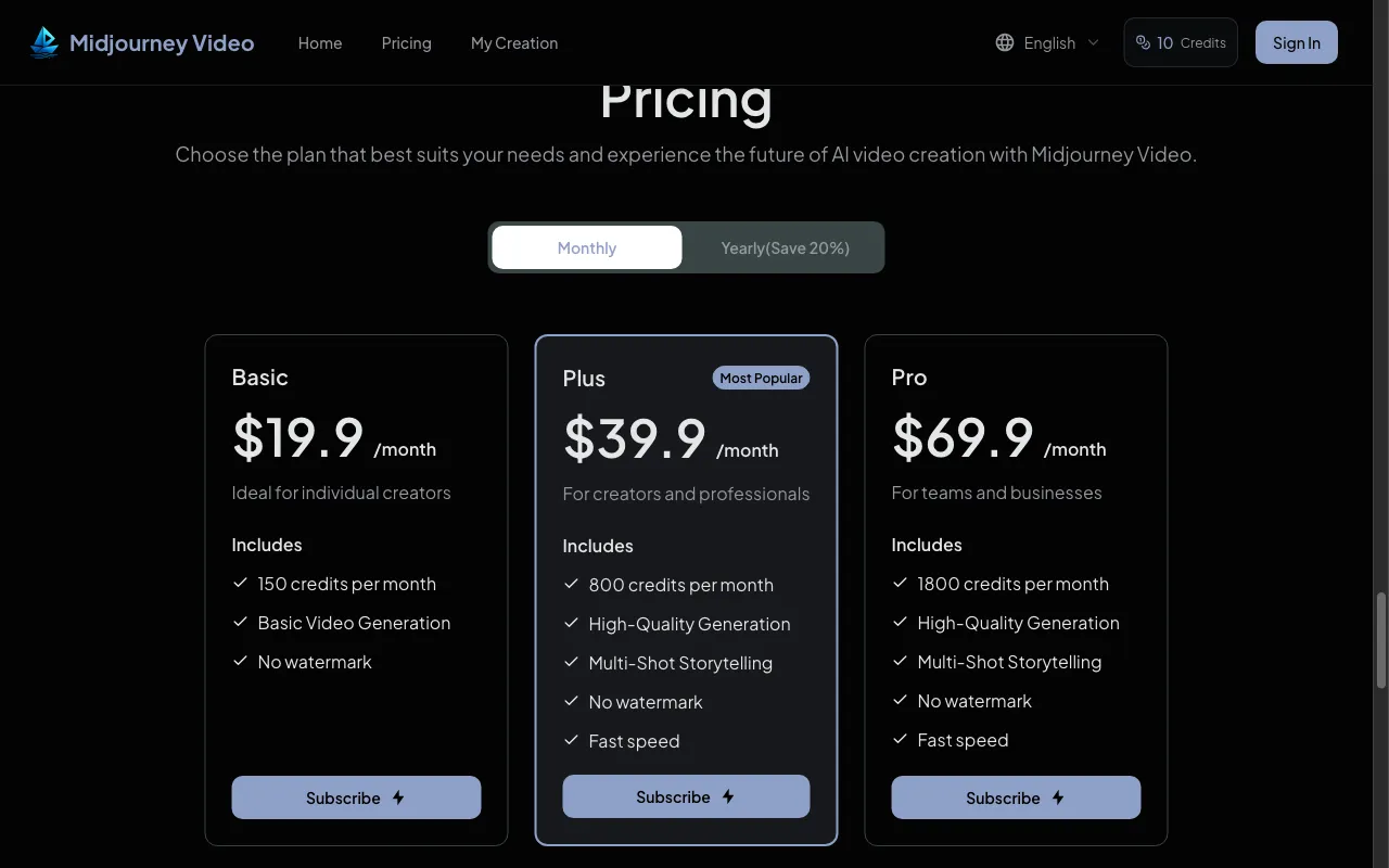 Midjourney Video — pricing page