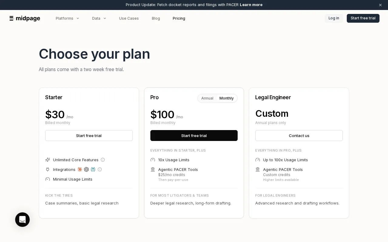 Midpage — pricing page