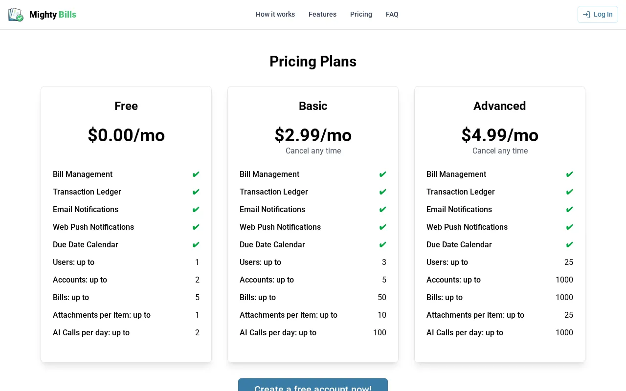Mighty Bills — pricing page