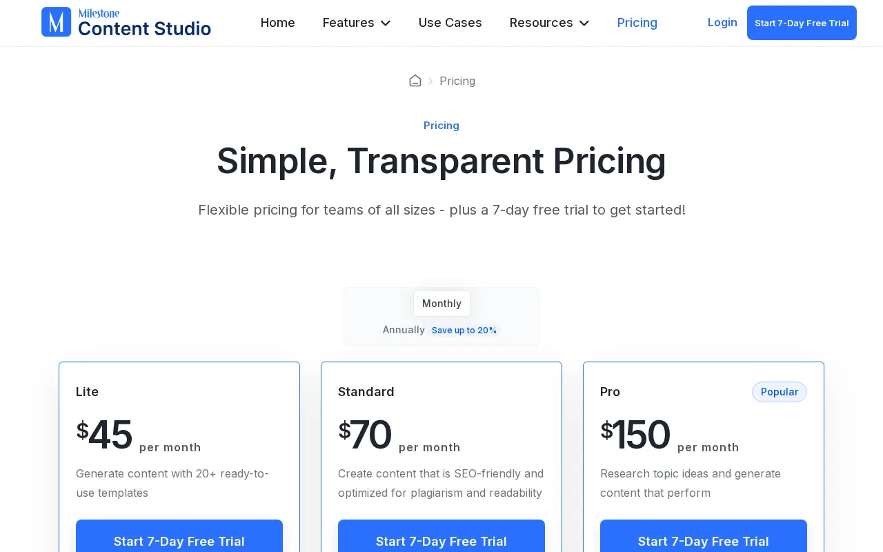Milestone Content Studio — pricing page