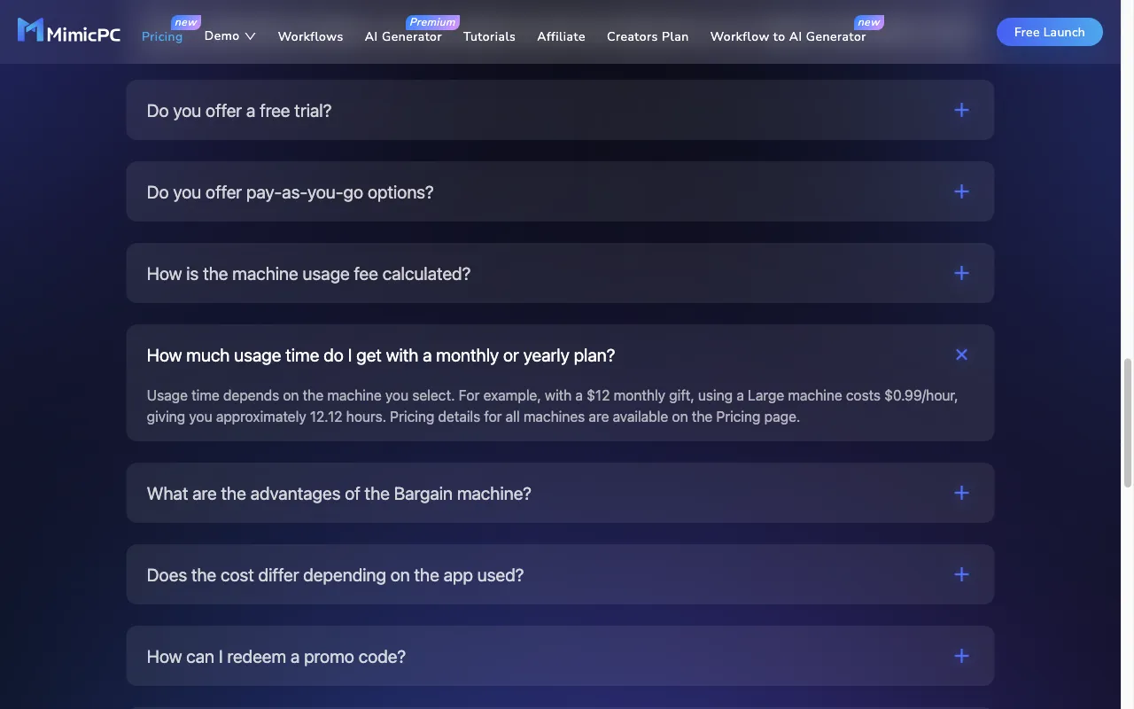 MimicPC — pricing page