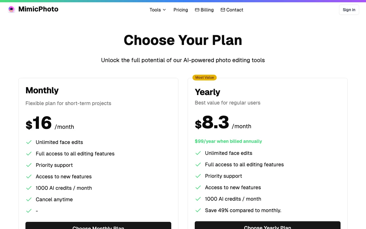 MimicPhoto — pricing page