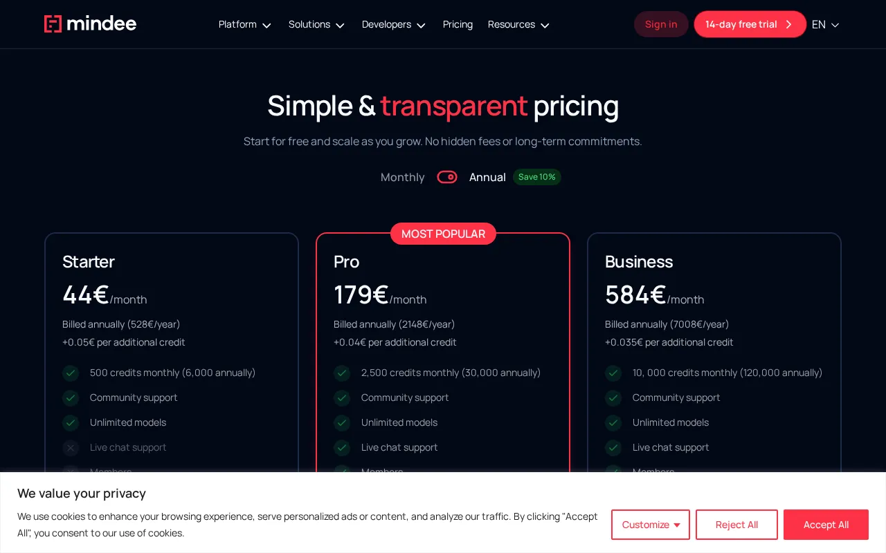 Mindee — pricing page