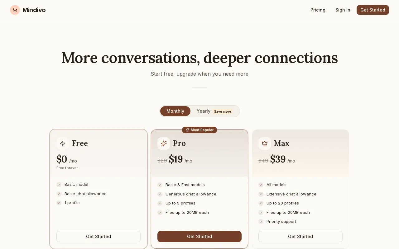 Mindivo AI — pricing page