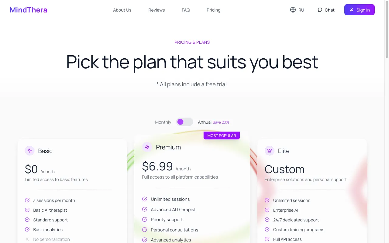 MindThera — pricing page