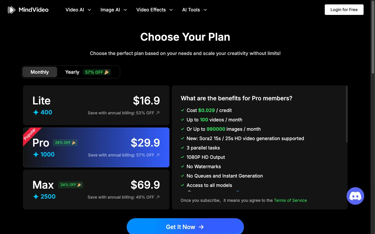 MindVideo AI — pricing page