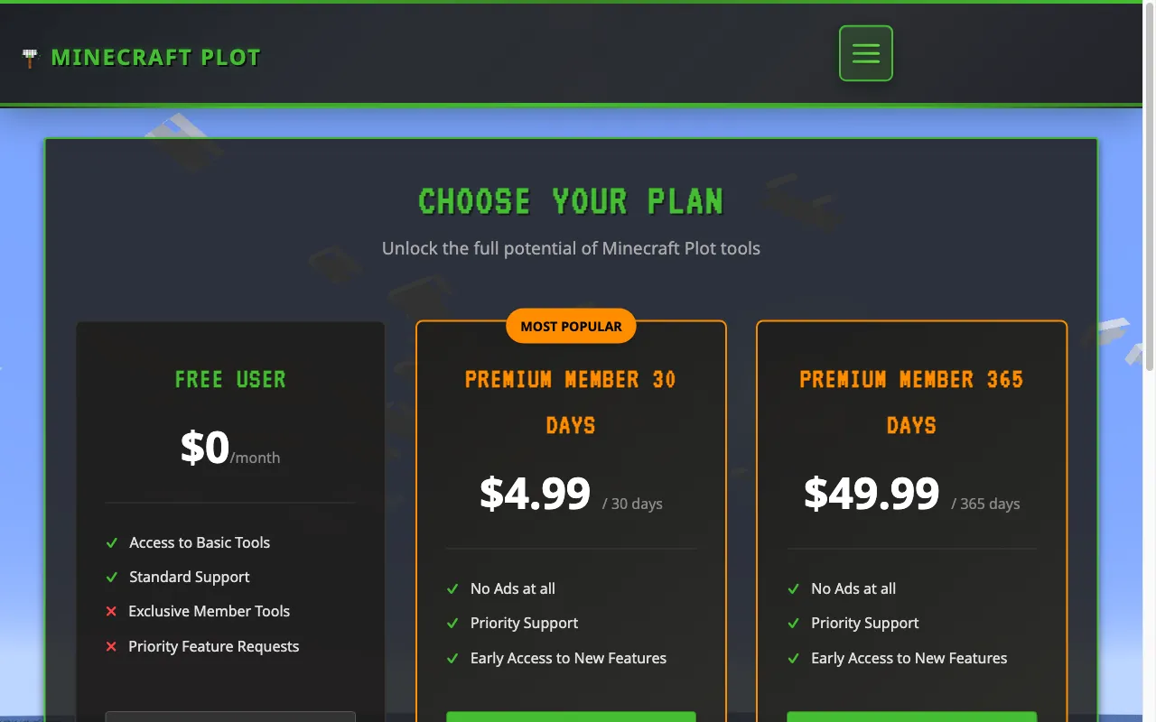 Minecraft Plot — pricing page
