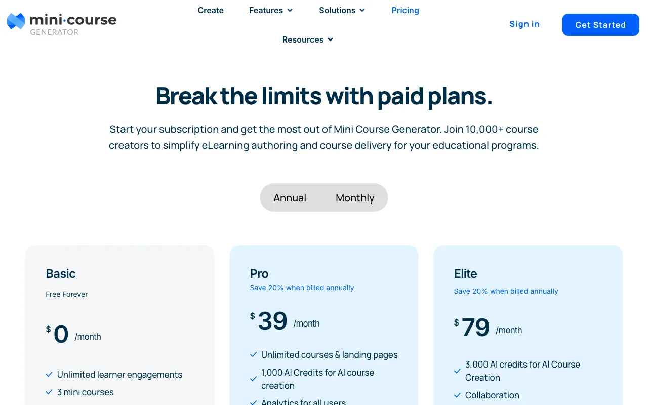 Mini Course Generator — pricing page