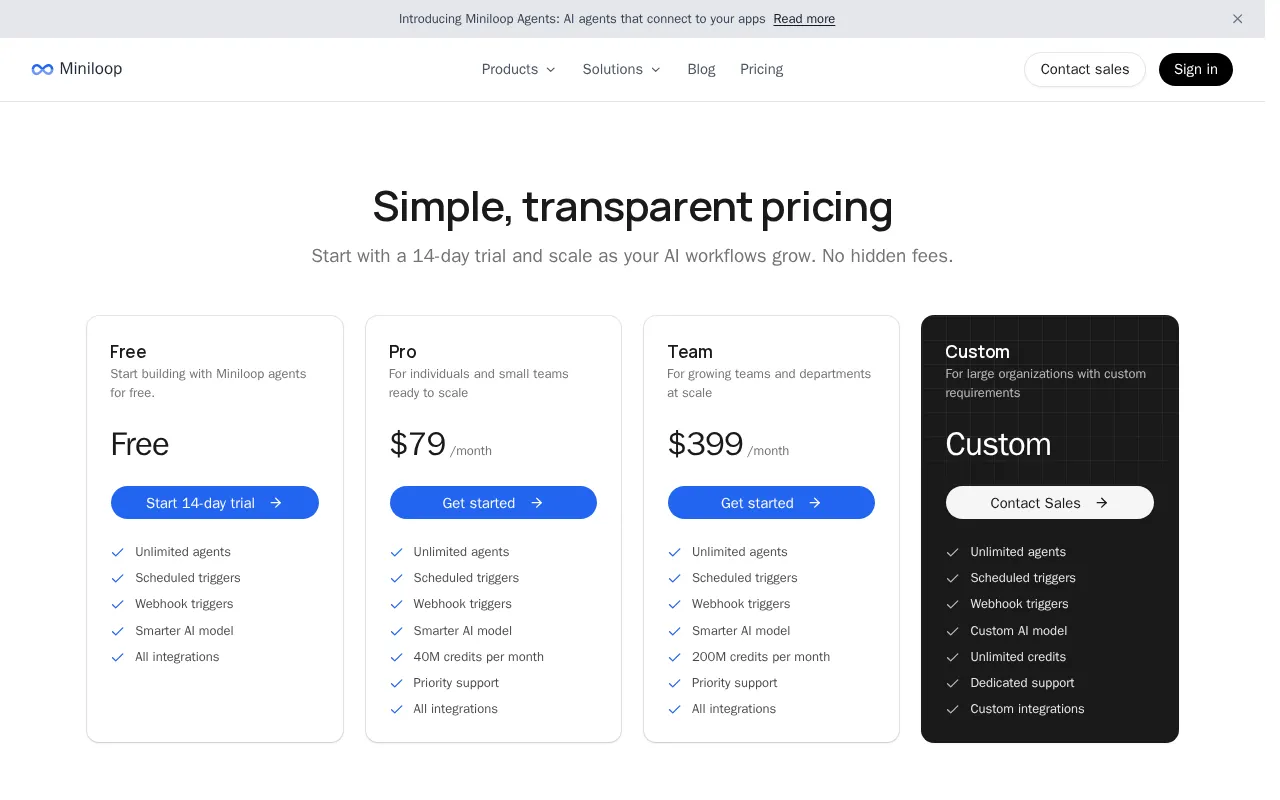 Miniloop — pricing page