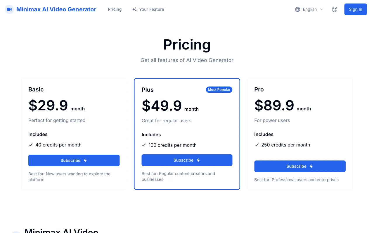 Minimax AI Video Generator — pricing page