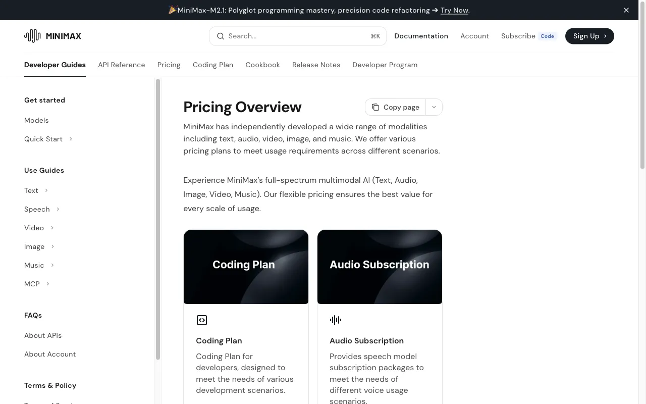 MiniMax Audio — pricing page