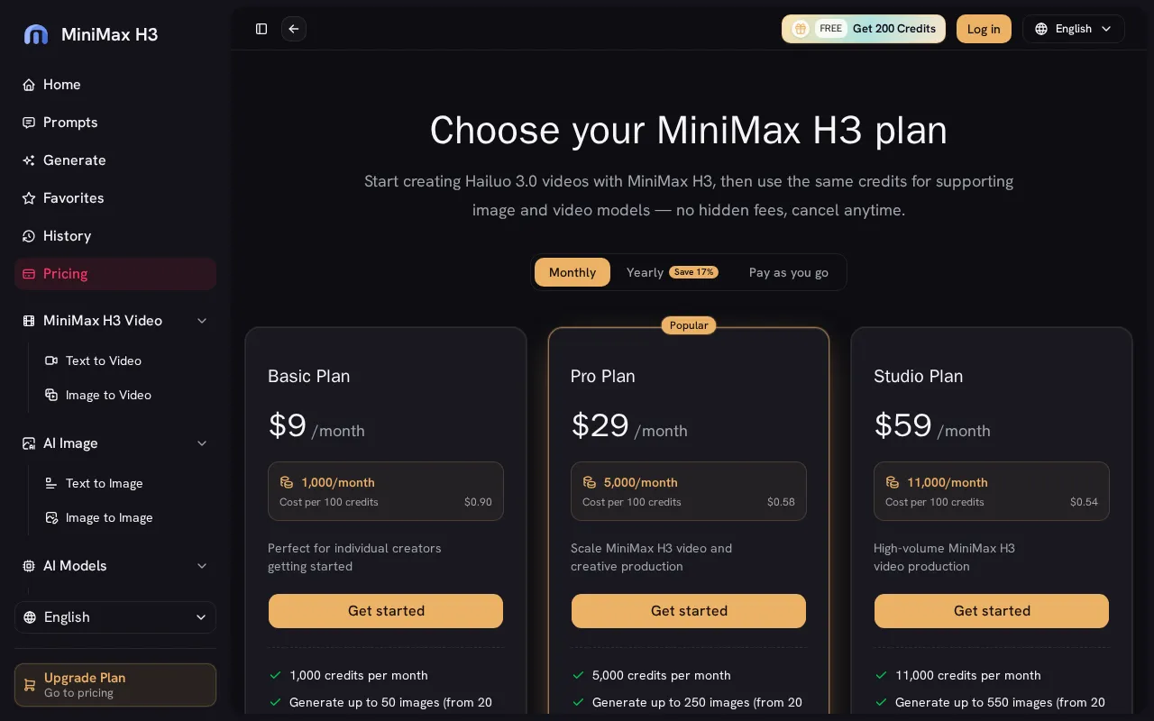 MiniMax H3 — pricing page