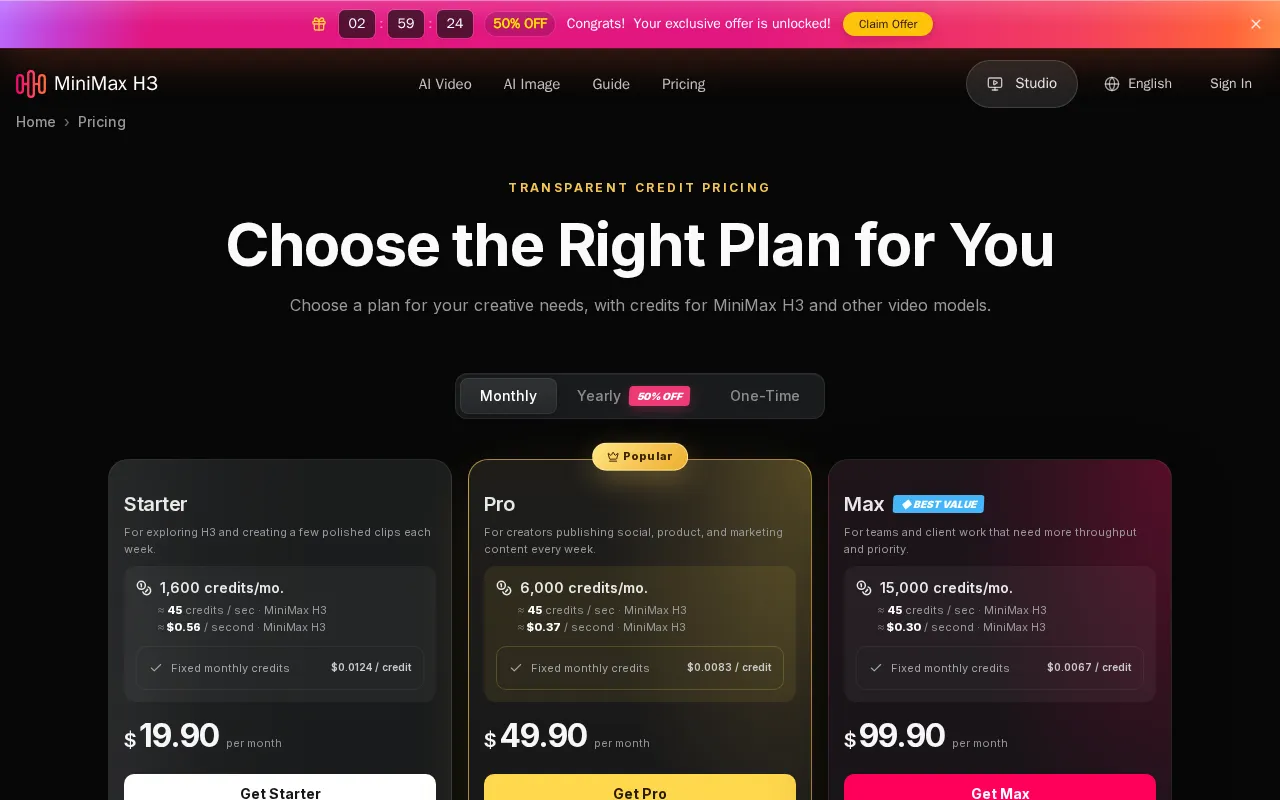 MiniMax H3 AI Video Generator — pricing page