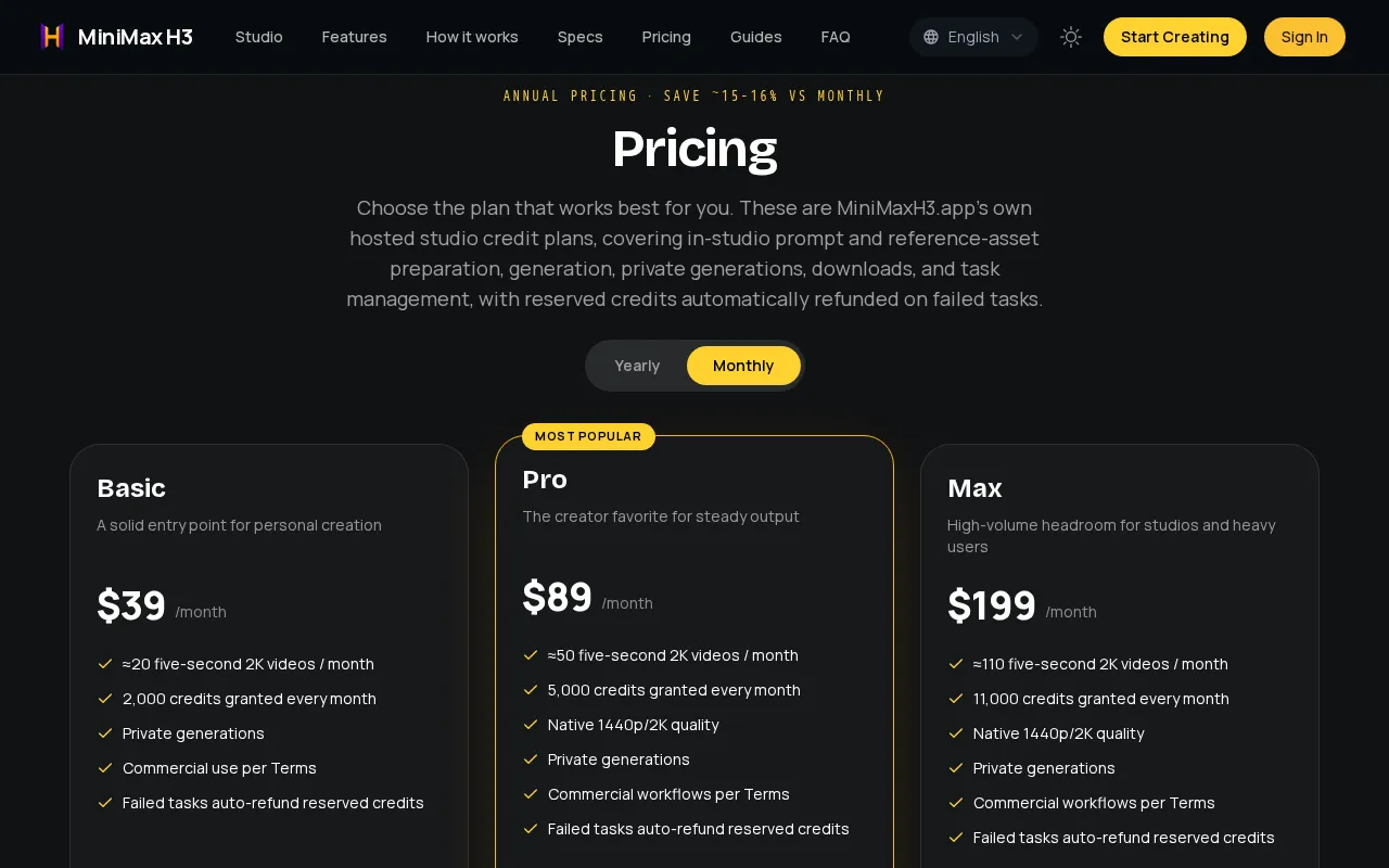 MiniMaxH3.app — pricing page