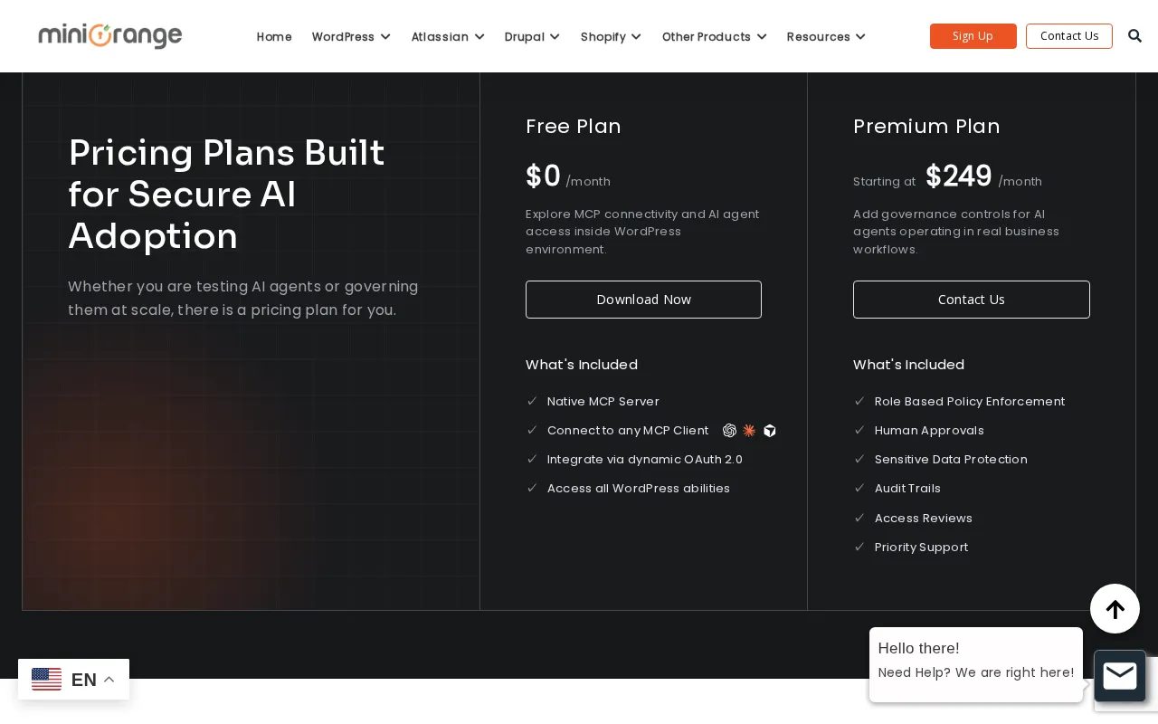 miniOrange MCP Server for WordPress — pricing page