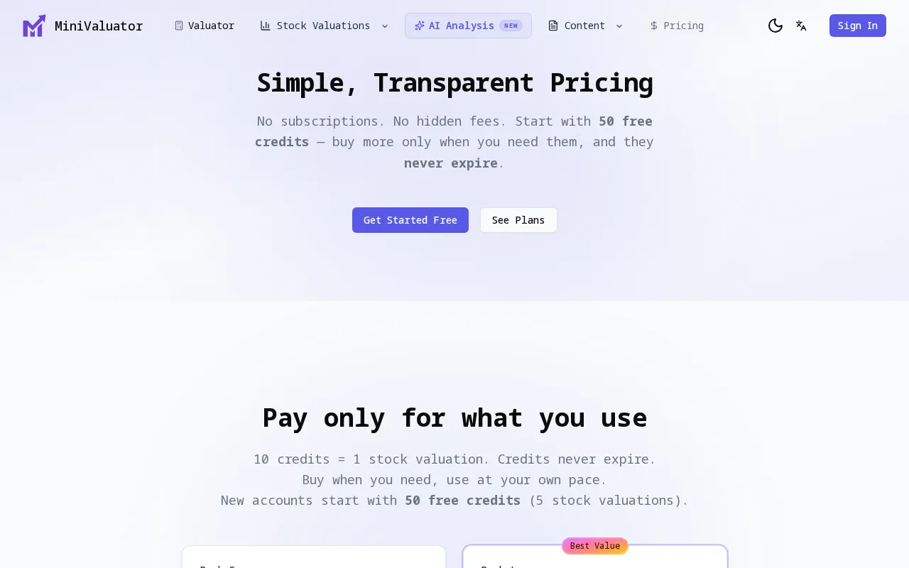 MiniValuator — pricing page