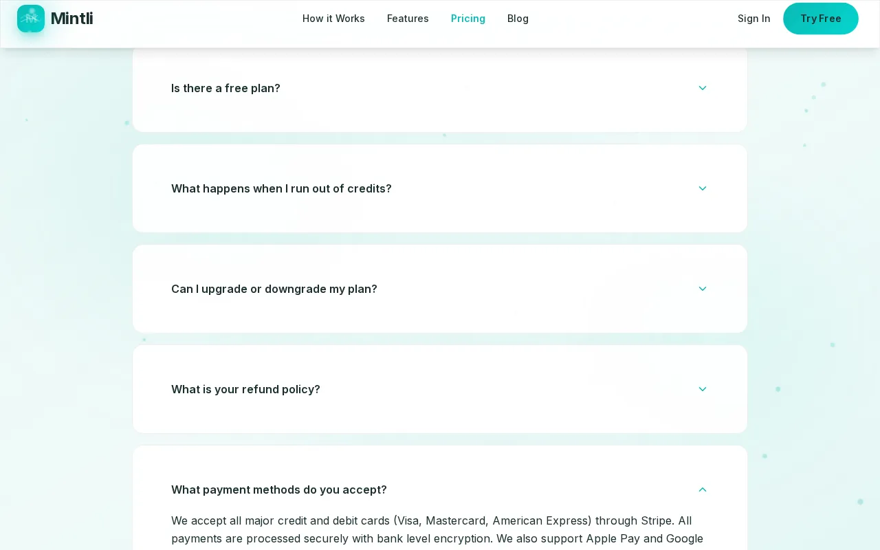 Mintli — pricing page