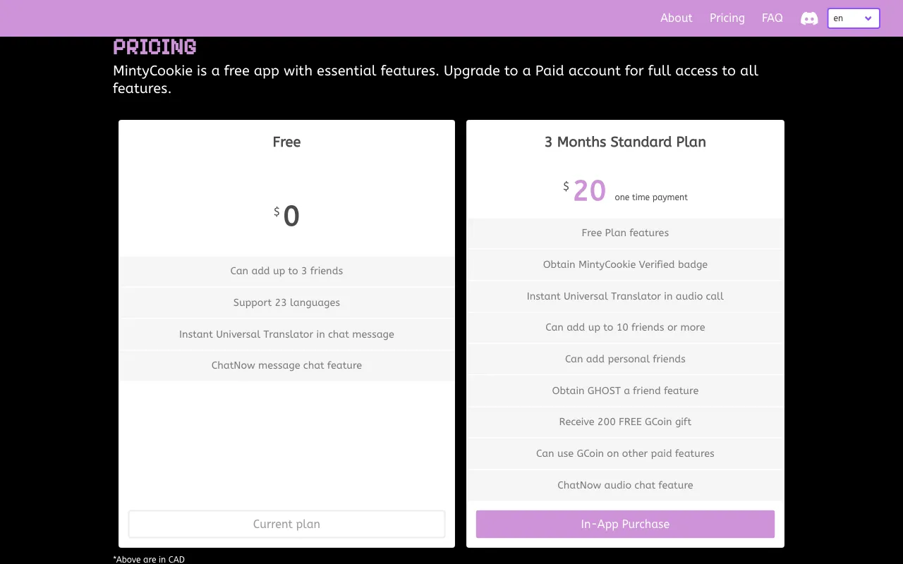 MintyCookie — pricing page