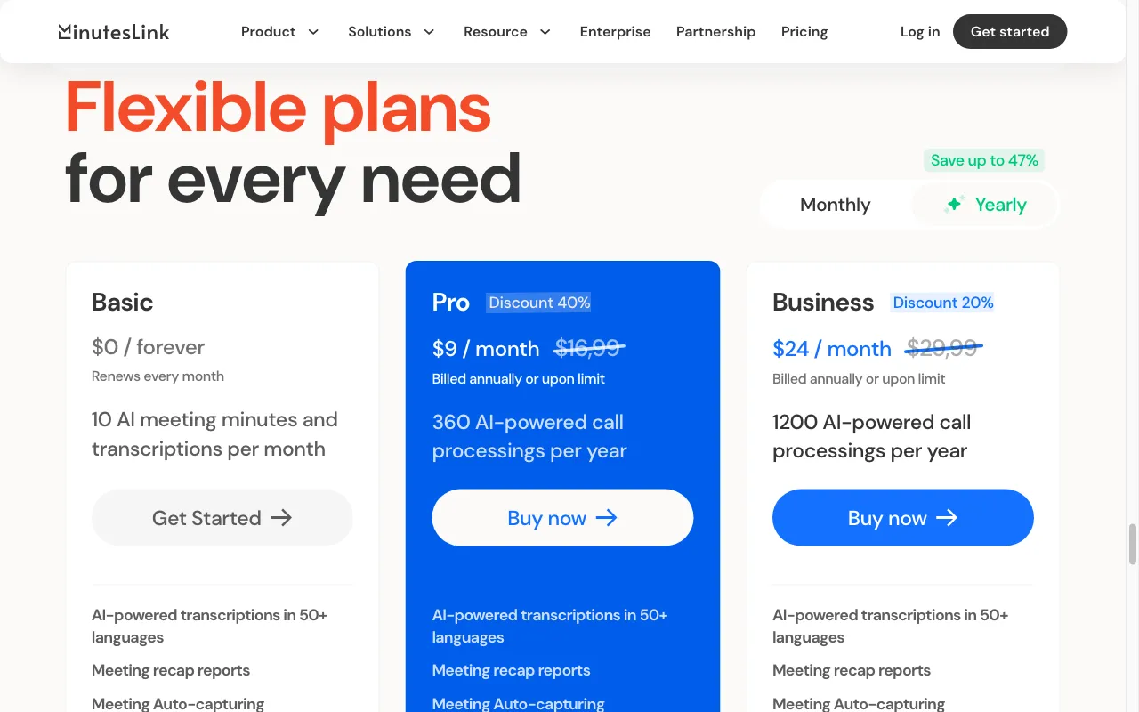 MinutesLink — pricing page