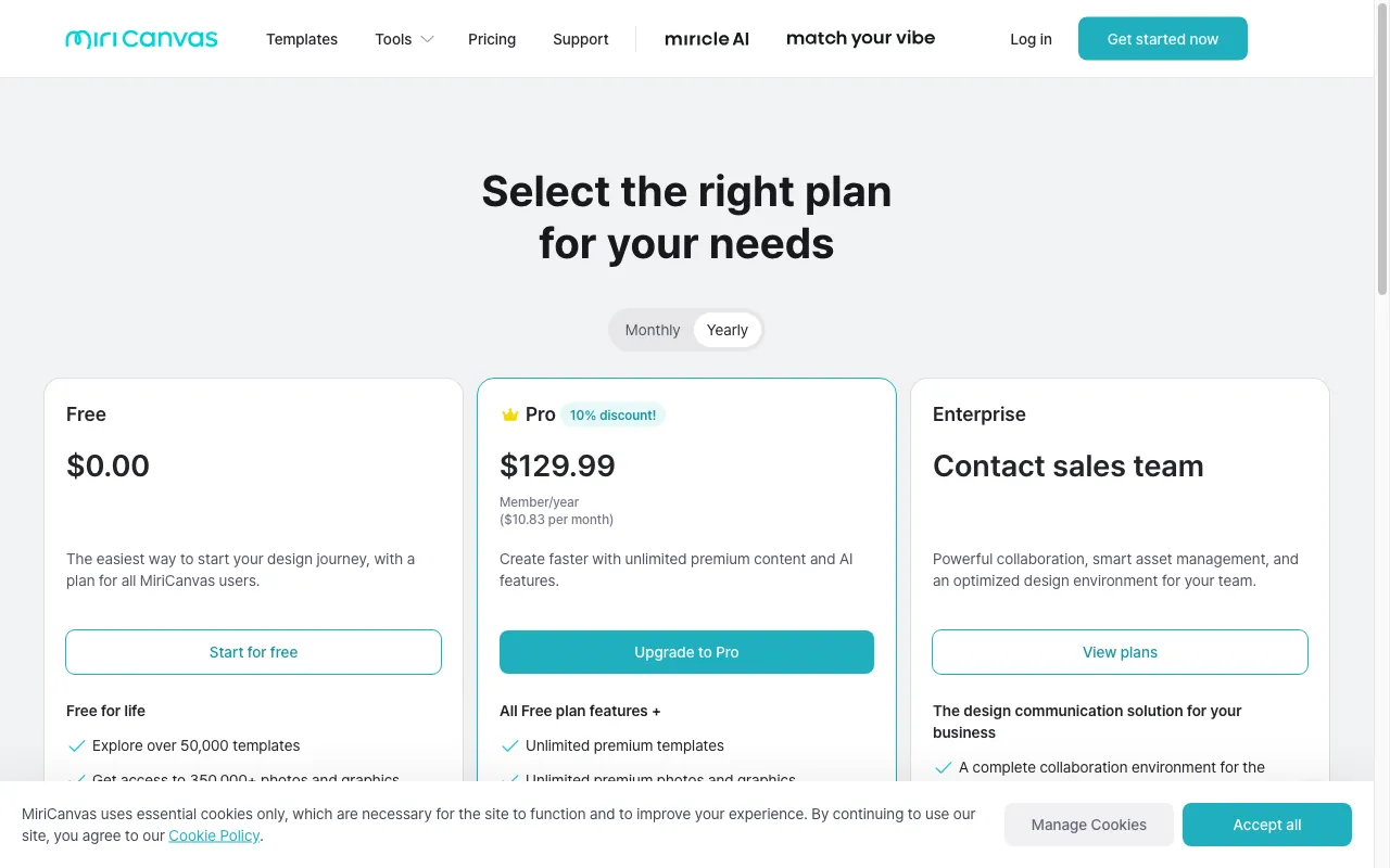 MiriCanvas — pricing page