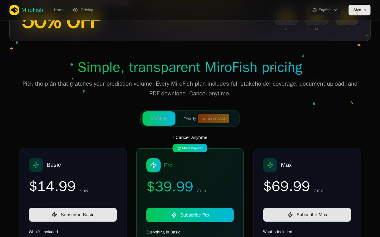 MiroFish — pricing page