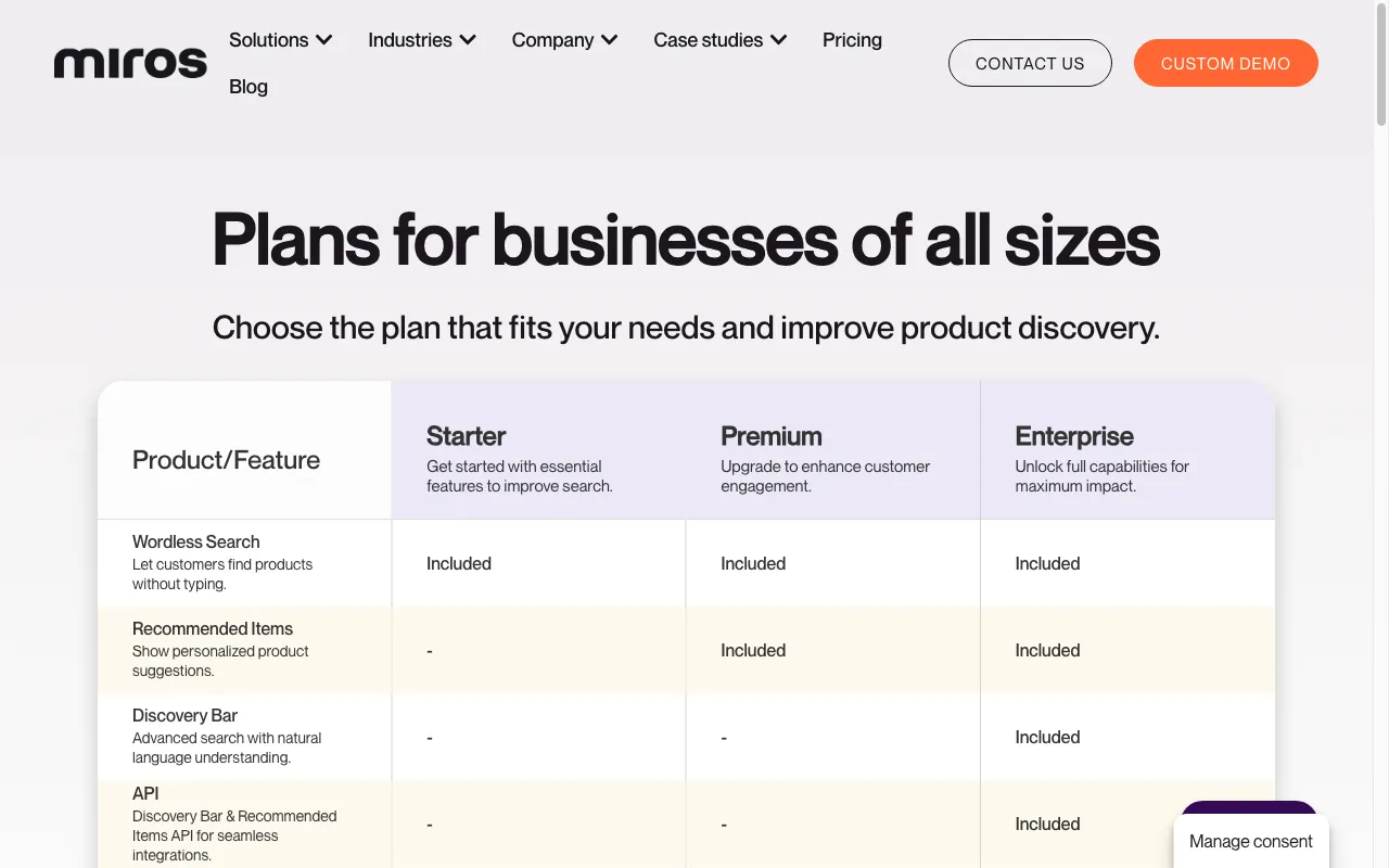 Miros — pricing page