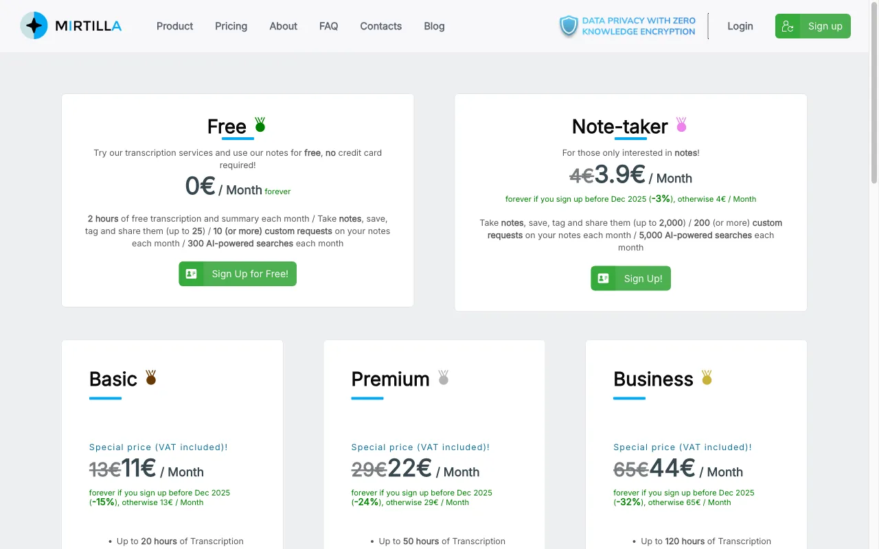 Mirtilla — pricing page
