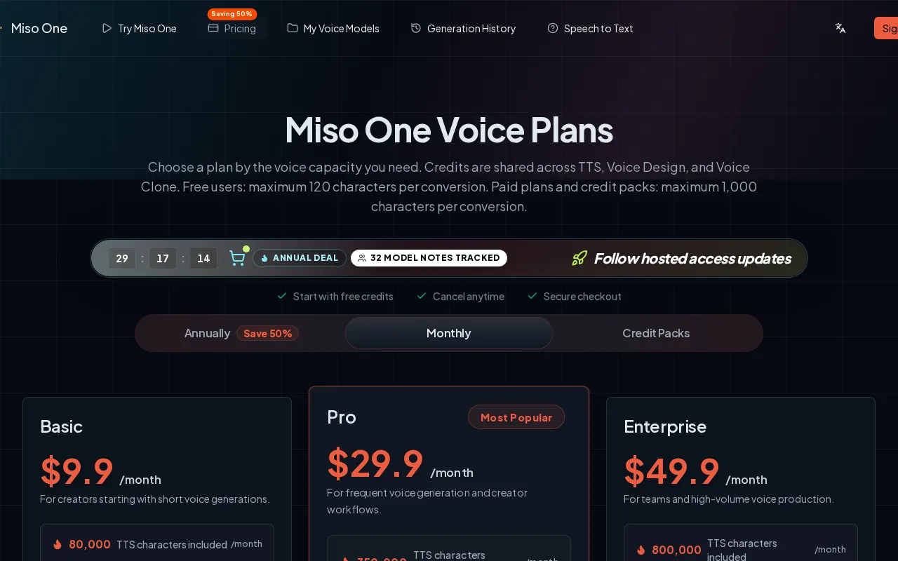 Miso One — pricing page