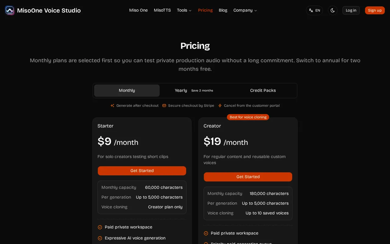 MisoOne Voice Studio — pricing page