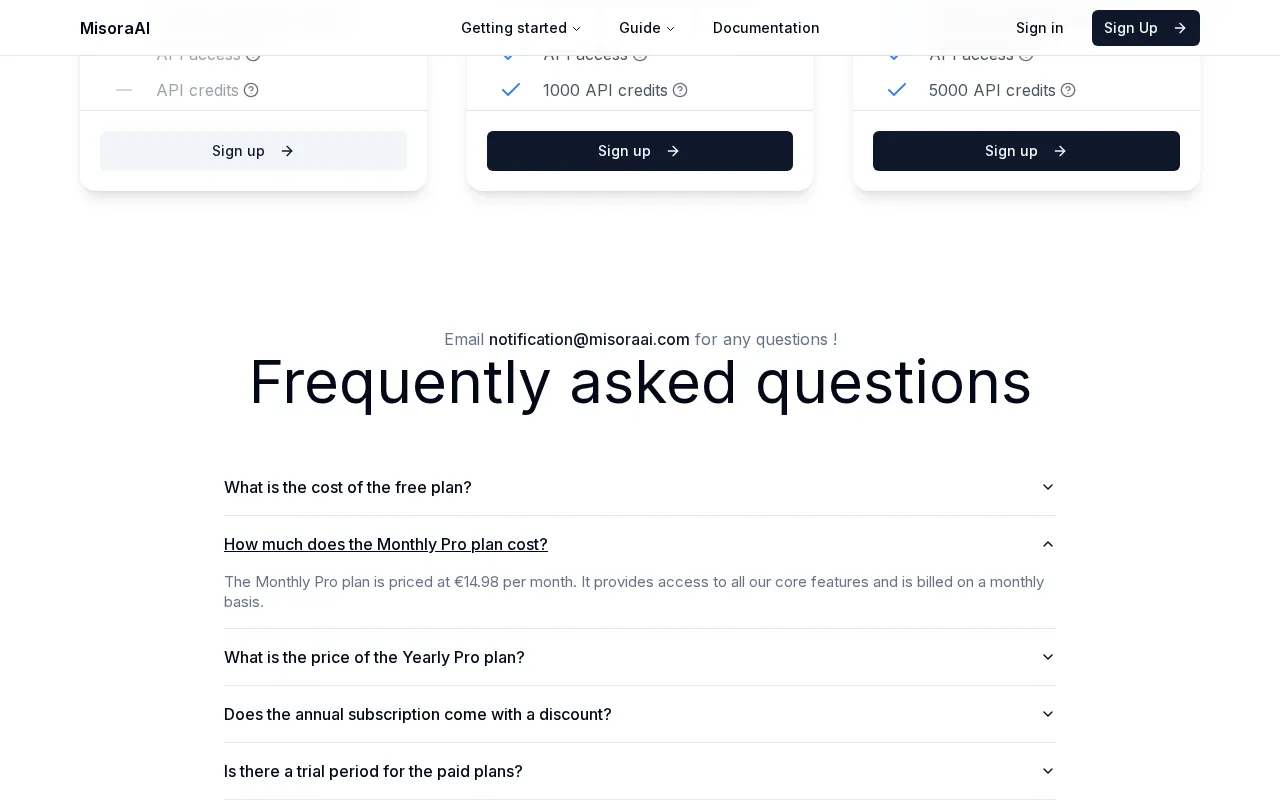 Misora AI — pricing page