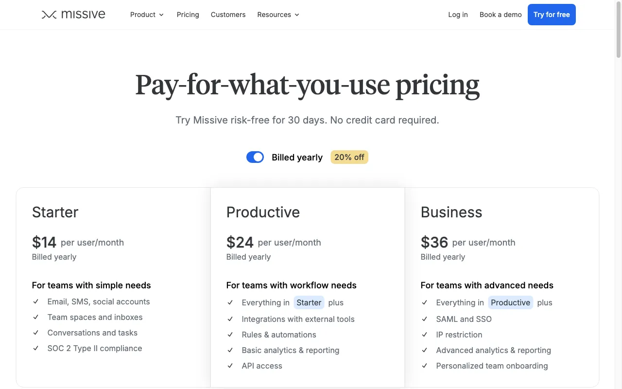Missive — pricing page