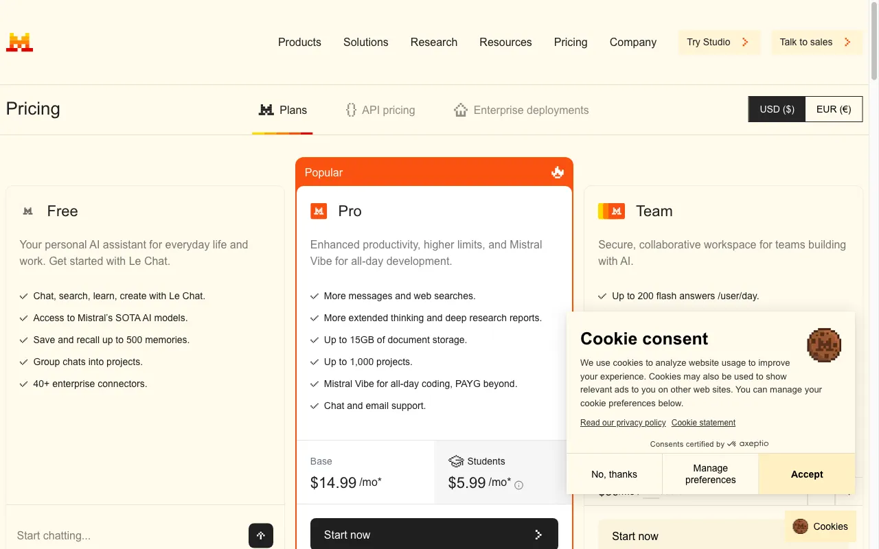 Mistral AI — pricing page