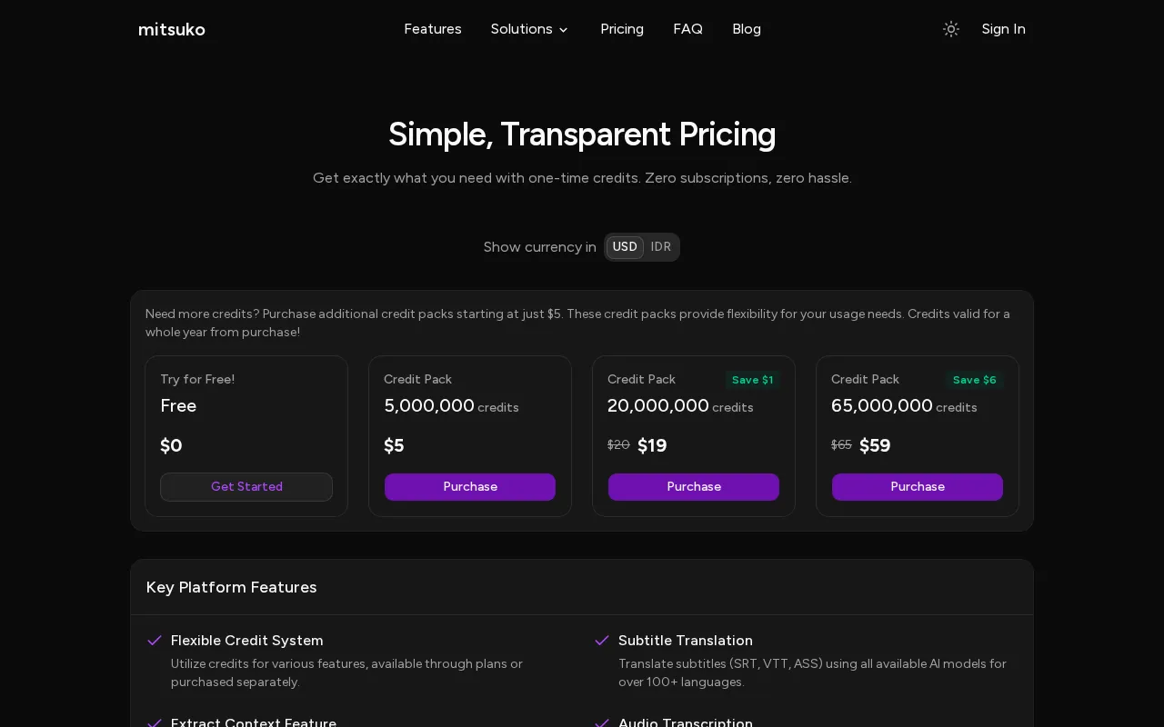 Mitsuko — pricing page