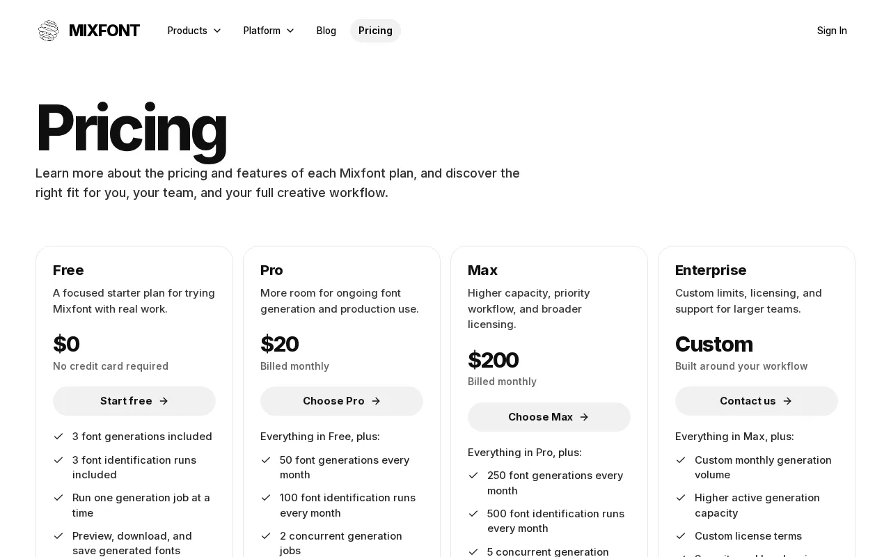 Mixfont — pricing page