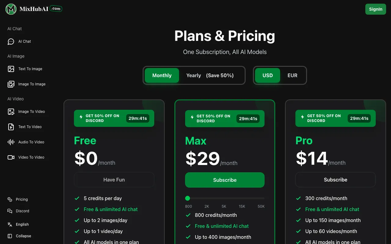 MixHub AI — pricing page