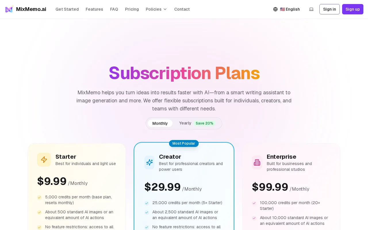 MixMemo — pricing page
