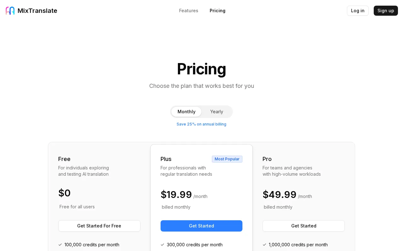 MixTranslate — pricing page
