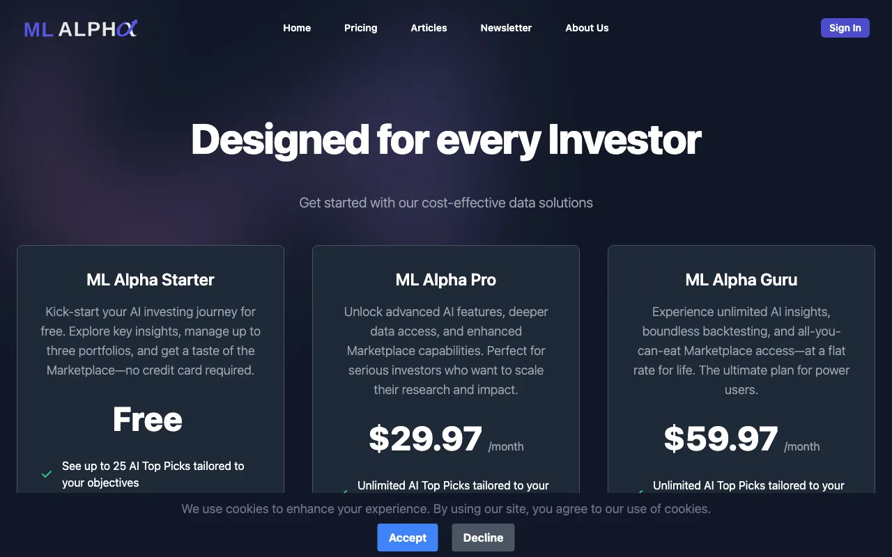 ML Alpha — pricing page
