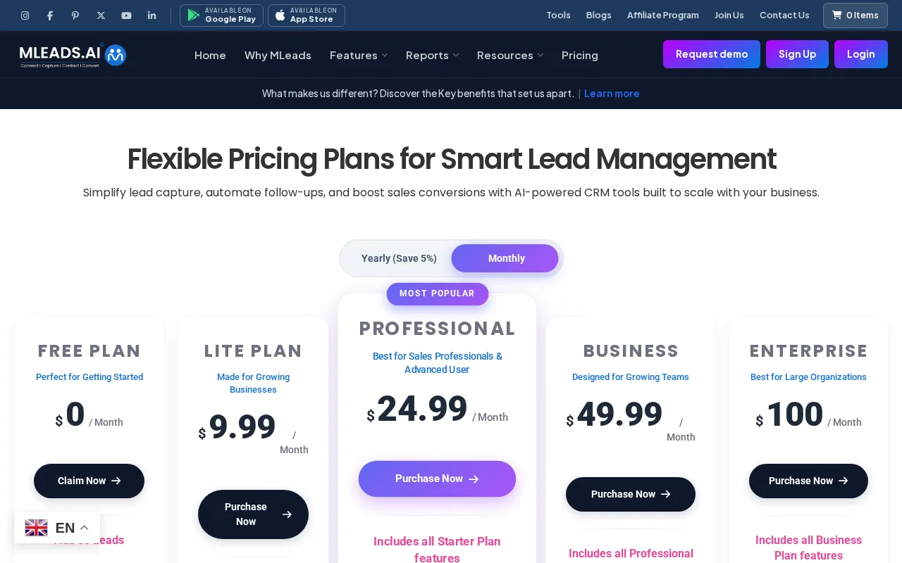 MLeads — pricing page