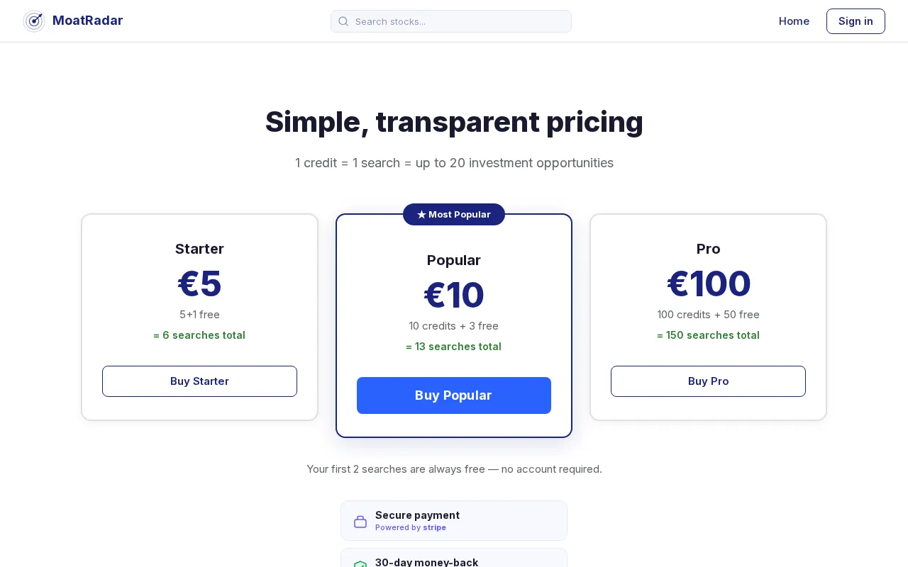 MoatRadar — pricing page